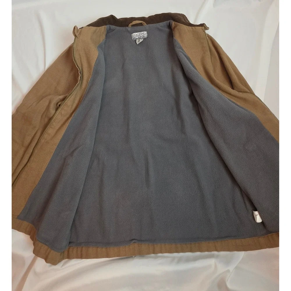 Ocean Coast Men Detroit Jacket Tan Canvas Chore Coat Fleece Lined Brown Collar L
